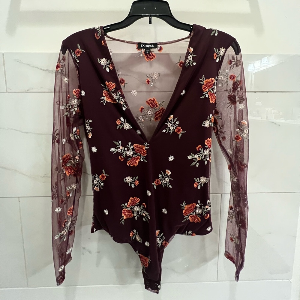 Express maroon embroidered mesh body suit. In very good condition!